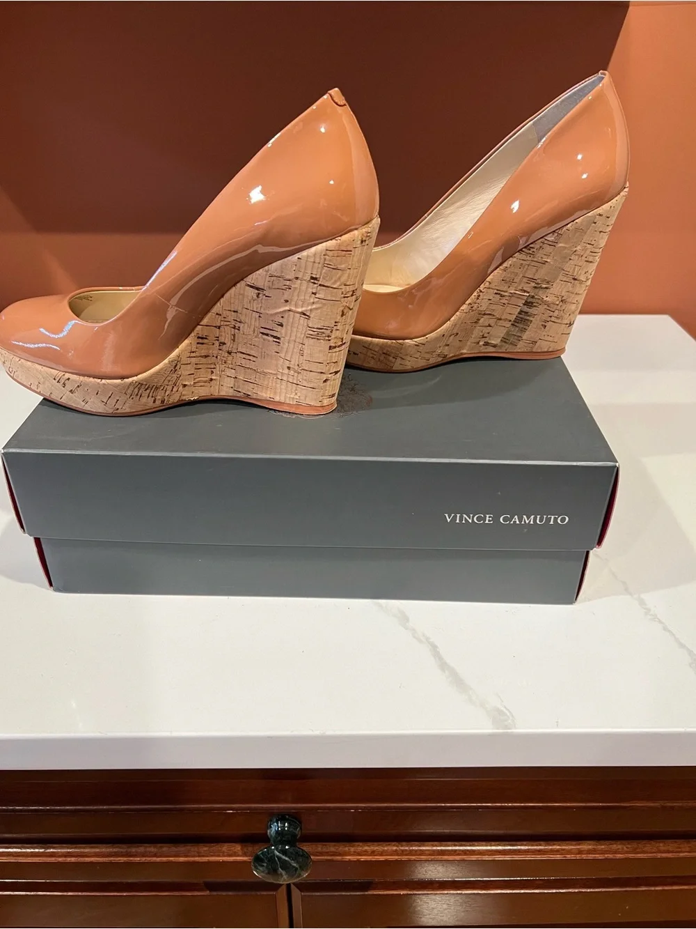 Vince Camuto nude Patent Cork Wedge Pumps